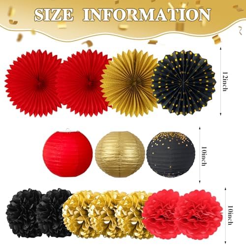 ADLKGG 14 Pcs Red Black Gold Party Decorations, Paper Fans Lanterns Pack - Image 2