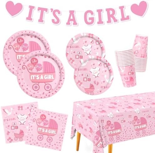 Baby Girl Shower Decorations for 24 Guests - It’s A Girl Decorations Kit Including Disposable Plates, Napkins, Cups, Tablecloth & Banner for Baby Shower Decorations Girl by Gatherfun