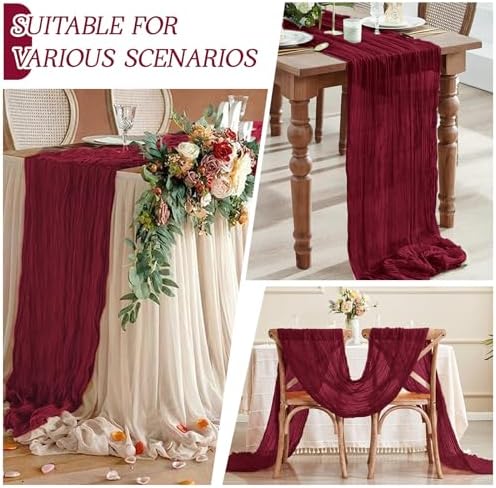 3 Pack Burgundy Cheesecloth Table Runner 17x108 Inch Semi Sheer Boho Gauze Cheese Cloth Fabric Table Runners Table Decor for Wedding Party Baby Shower Birthday Home Decor Garden Farmhouse - Image 3