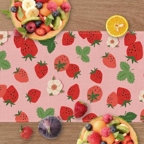 Strawberry Pink Dining Table Runner, Spring Summer Fruit Flowers - Image 2