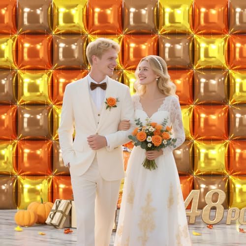 NISOCY 48PCS Orange Brown Metallic Gold Square Foil Balloons Wall Backdrop - Image 6