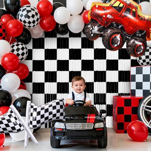 2 Packs Race Car Foil Fringe Curtain, Black White Checkered Glitter Metallic Tinsel Backdrop for Birthday, Baby Shower, Racing Car Truck One Happy Dude Party Decorations Supplies - Image 2