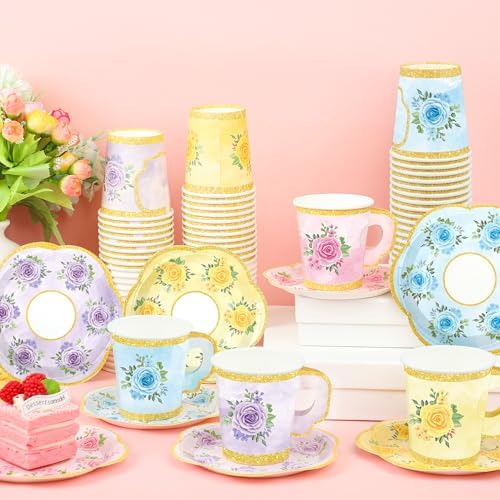 48 Sets Floral Paper Tea Cups and Saucers Disposable Tea Party Supplies Colorful Flower Teacups with Handle and Plates for Hot Cold Drink Wedding Birthday Party Baby Shower - Image 6