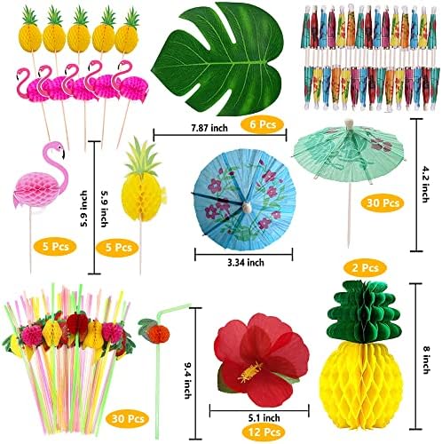 Tropical Luau Party Decorations Set Hawaiian Beach Theme Party Favors Luau Party Supplies with 9ft Luau Grass Table Skirt, Palm Leaves, Hibiscus Flowers, 3D Fruit Straws, Flamingo and Pineapple Décors - Image 4