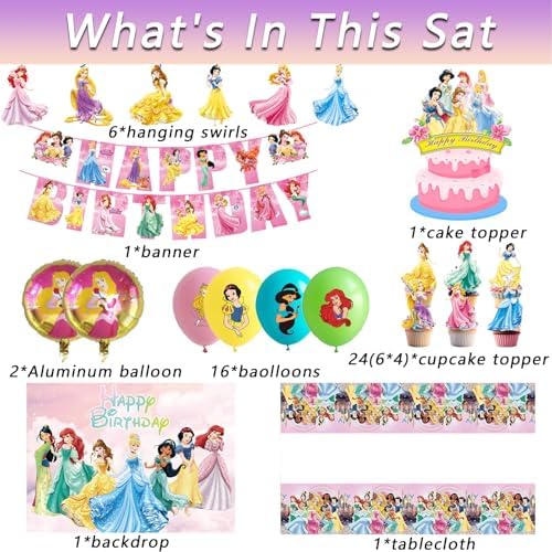 62PCS Disne Princess Party Supplies, Birthday Decorations Set Include Banner, Balloons, Backdrop, Cupcake Toppers, Tablecloth, Hanging Swirls for Kids Princess Theme Birthday Party - Image 3