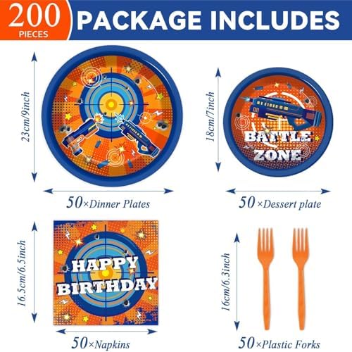 Qyeahkj 200 Pcs Dart War Birthday Party Supplies Gun Game Theme Party Tableware Set Paper Plates and Napkins Dart Battle Gunfight Game Party Decorations Gun Happy Party Favors for Boys Serves 50 - Image 2