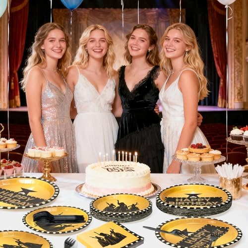 GaofanWai Famous Musical Star Tableware - 96PCS Black & Gold American Musical Theater Party Paper Plate Set for Adult Fans, Inspired Happy Birthday Party Decoration Dinnerware Napkin Fork, 24 Guests - Image 5