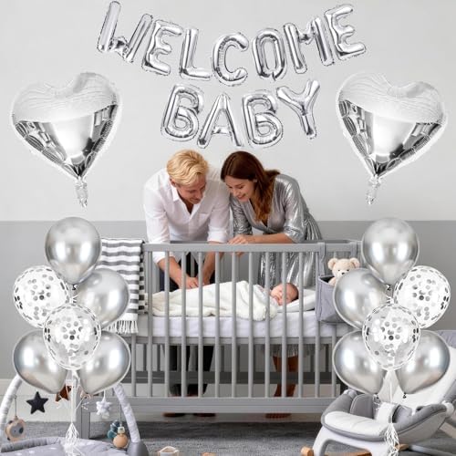 Metallic Silver Baby Shower Decorations Balloons, WELCOME BABY Letter Foil Balloons Banner Backdrop with Chrome Silver Confetti Latex & Heart Balloon for Newborn Infant Babyboy Babygirl Party Decor - Image 5