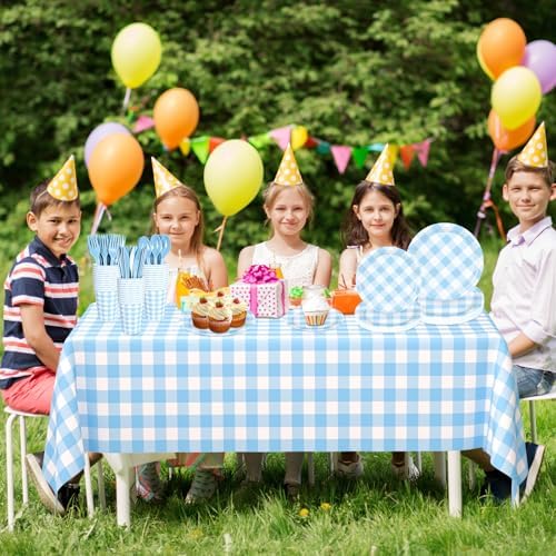 176 PCS Light Blue Gingham Round Plates and Napkins, Blue Checkered Disposable Plates Set with Napkins Cups Plastic Spoons Forks Knives for Dinner Birthday Baby Shower Wedding Supplies Serve 25 Guests - Image 7