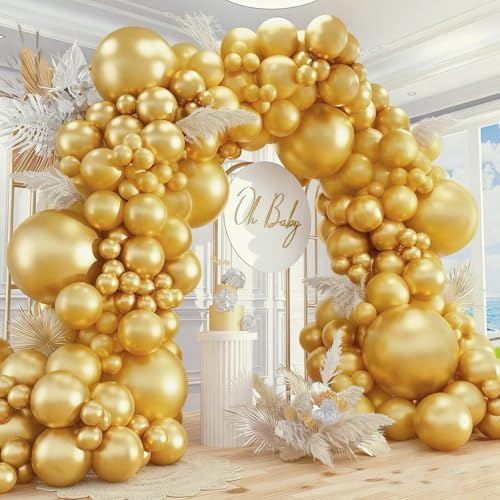 412pcs Metallic Gold Balloon Garland Arch Kit 18 12 10 5 Inch Different Sizes Latex Chrome Balloons for Baby Shower Birthday Graduation Wedding Anniversary Celebration Party Decoration by PAXILE