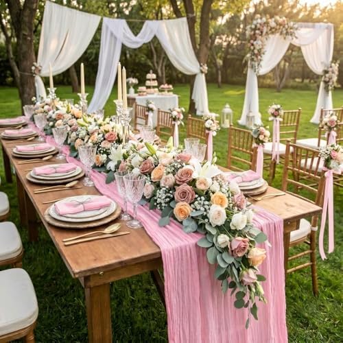 8 Pack Pink Cheesecloth Table Runner 17x108 inch Boho Gauze Cheese Cloth Table Runners for Wedding Party Baby Bridal Shower Home Decor - Image 2