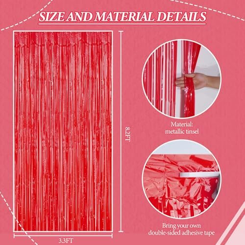 DECOCKRAT 3 Pack Foil Fringe Backdrop - Pastel Red Shiny Tinsel Curtains for Party Decoration/Photo Booth Props - 3.3x8.2 FT Metallic Foil Backdrop for Birthday, Wedding, Graduation, Christmas. - Image 2