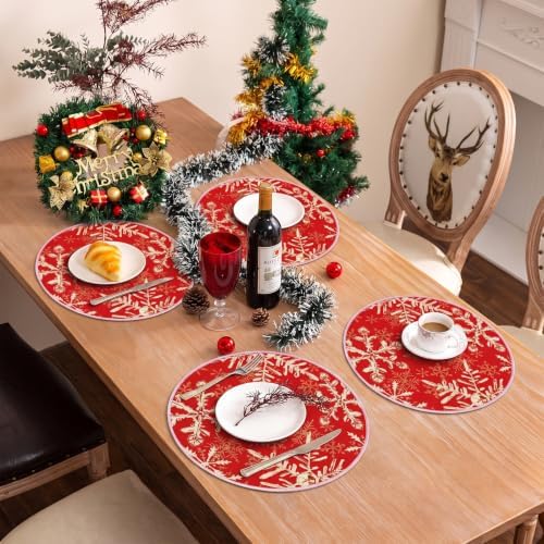 Christmas Round Placemats Set of 4 Red Snowflakes Decorations - Image 4