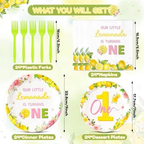 96Pcs Lemon 1st Party Plates Supplies Pink Yellow Our Little Lemonade Is Turning One First Birthday Tableware Decorations Disposable Paper Plates Napkins Forks for Kids Baby Shower, Serves 24 - Image 2