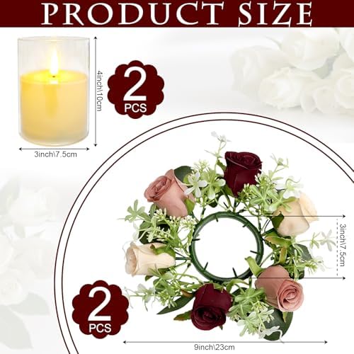 2 Sets Rose Candle Rings Wreaths with LED Flameless Candles - Image 2