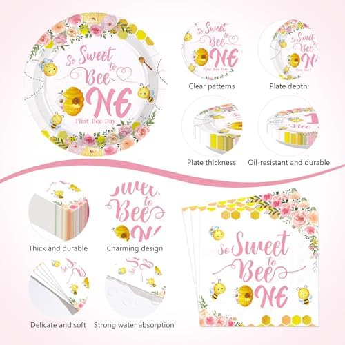 170 Pcs First Bee Day Pink Birthday Party Decorations, Serves 24 - Image 3