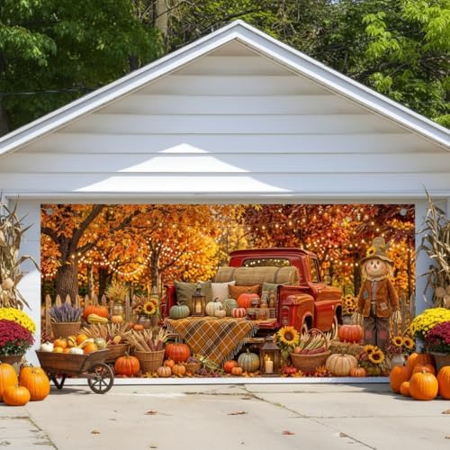 Fall Garage Door Cover 8x6ft Red Truck Pumpkin Scarecrow Harvest Decor by Lacoiime