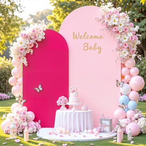 7.2FT 6FT Arch Backdrop Cover for Wedding, Set of 2 Stretchy Spandex Fitted Arch Stand Cover for Baby Shower, Birthday Party Decor, Chiara Backdrop Cover with Double-Sided Design(Pink, Hot Pink) - Image 3