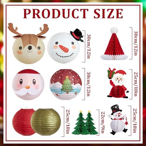 Christmas Hanging Paper Lanterns and Honeycomb Set, 11 PCS Santa Snowman Reindeer Theme Lanterns and Paper Christmas Tree Honeycombs, Holiday Ceiling Party Decorations for Home, Classroom - Image 2