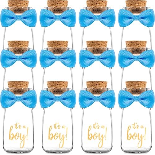 Ethisa Vintage 12 Pack It's a Boy Milk Glass Bottles with Ribbons and Stickers - Classy Baby Shower Favors for Guests and Table Centerpieces - Gender Reveal Boy Decorations - Baby Shower Candy Jar by Ethisa