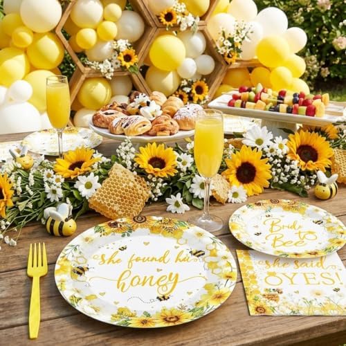96 Pcs Bride to Bee Bridal Shower Tableware Set, Sunflower Honey Theme Party Supplies with Plates Napkins Forks, She Found Her Honey Engagement Bachelorette Party Decorations for 24 Guests - Image 5