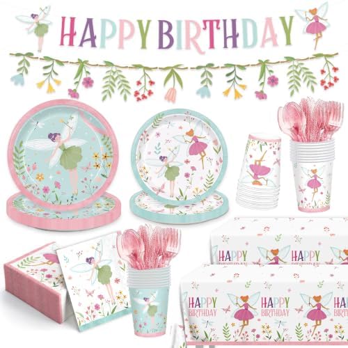 171pcs Fairy Birthday Decorations Paper Plates Napkins Fairy Party Supplies by JVORFDG