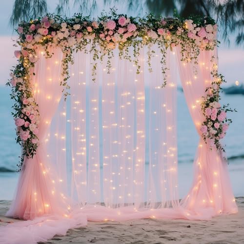 Tulle Backdrop Curtains with Lights Pink 10x8ft Sheer Curtain Backdrop by Fomcet