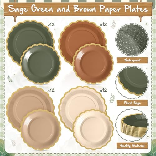 Mimorou 338 Pcs Sage Green and Brown Plates Napkins Cups Flatware Set - Image 4