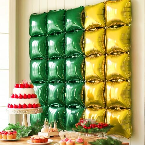 NISOCY 25PCS Metallic Gold and Green Square Foil Balloon Wall Backdrop - Image 6