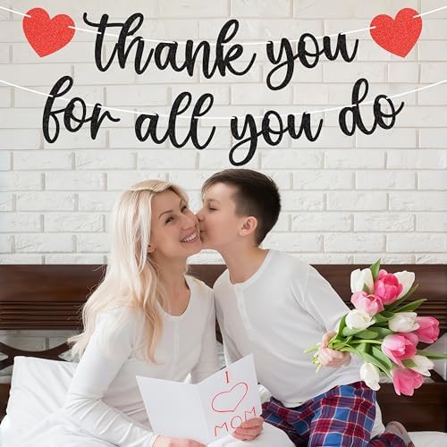 Pre-strung Thank You for All You Do Banner - Black Glitter Appreciation Party Decorations Supplies for Family elders Employee Coworker Staff Teacher, Photo Booth Prop - Image 4