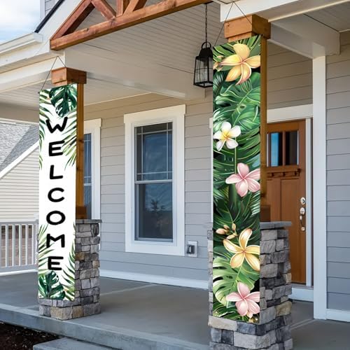 BlissYard 2pcs Welcome Summer Door Banner Hawaiian Porch Banners Sign Summer Sunshine Hibiscus Floral Front Door Hanging Decor Banner for Seasonal Home Hawaii Tropical Party Outdoor Decorations - Image 6