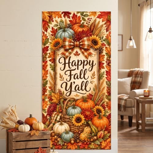 Happy Fall Y'all Door Banner 35x71 Inch Autumn Harvest Front Door Cover Decor with Pumpkins Sunflowers Maple Leaves Corn Wheat Farmhouse Hanging Flag for Porch Yard Thanksgiving Outdoor Decor - Image 5