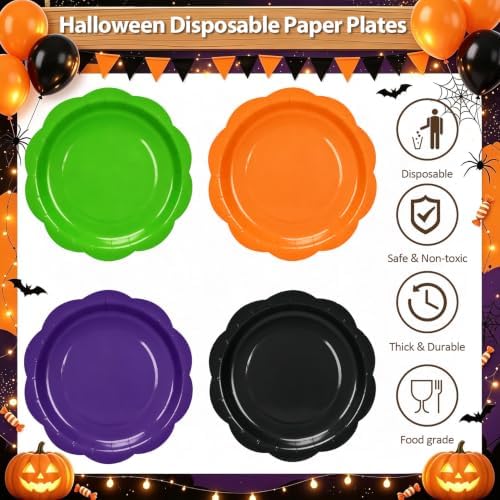 192Pcs Purple Orange Balck Plates and Napkins Party Supplies, Disposable 9’’ Scalloped Halloween Paper Plates Cups Napkins Forks Party Decorations for Birthday, Serves 48 - Image 3