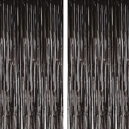 2 Pcs 3.2ft x 8.2ft Shiny Black Metallic Tinsel Foil Fringe Curtain Photo Booth Backdrop Props for Birthday Wedding Bridal Shower Baby Shower Celebration Bachelorette Party Decorations by i-CHONY