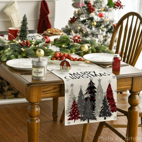 Artoid Mode Grey Red Xmas Trees Table Runner Home Party Decor 13x72 Inch - Image 2