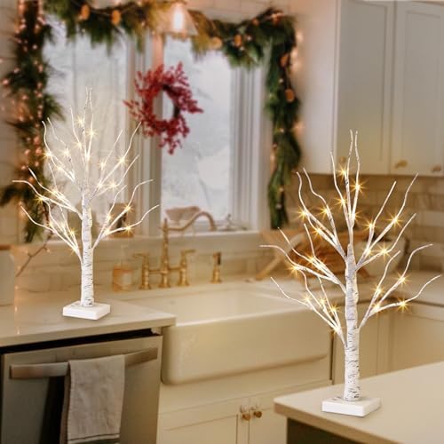 Vanthylit White Birch Tree with LED Lights - Set of 2, Tabletop Tree with Timer, Christmas Decorations Lighted Tree for Indoor Mantel Home Decor (2 FT, 24 LED) - Image 4