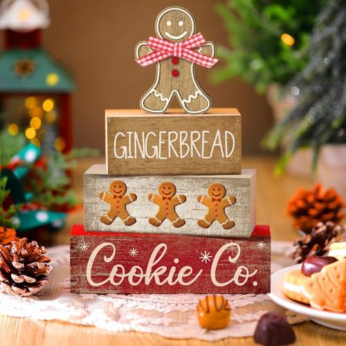 Moucuny 4 Pcs Gingerbread Christmas Table Decor, Gingerbread Man Wood Sign - Image 5