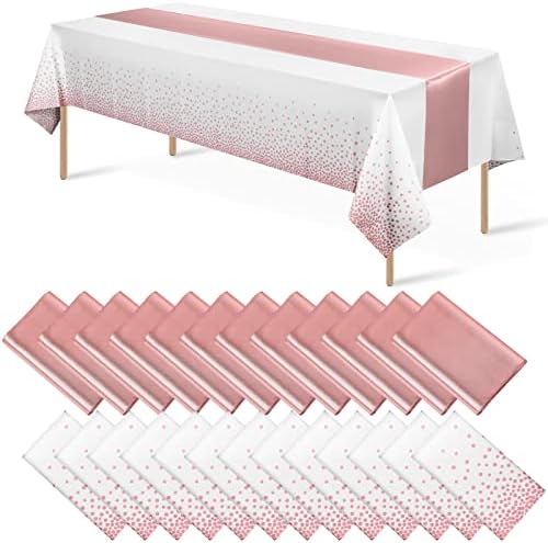 MASHAN 24 Pack White and Rose Gold Tablecloth Set - Rectangular PEVA Tablecloths and Satin Table Runners for Wedding, Baby Shower, Anniversary, Christmas, New Year Party by MASHAN