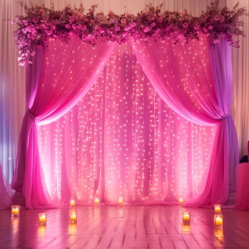 20×10ft Hot Pink Tulle Backdrop Curtain with Lights String for Parties, Sheer Photo Backdrop Curtains for Wedding Party Photography Background - Image 3