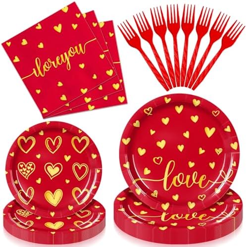 96 Pieces Valentine’s Day Love Tableware Set – Red and Gold Heart Disposable Plates, Napkins, and Forks for Romantic Dinners, Wedding, Anniversaries, and Valentine Celebrations – Serves 24 Guests by GistomeHome