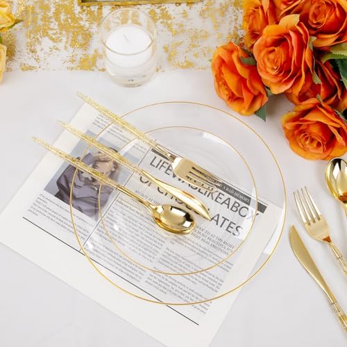 Liacere 150PCS Clear Gold Plastic Plates - Gold Plastic Silverware with Glitter Handle - Clear Disposable Plates Include 30 Guests Plates, Forks, Spoons, Knives for Wedding&Thanksgiving&Fall Party - Image 6