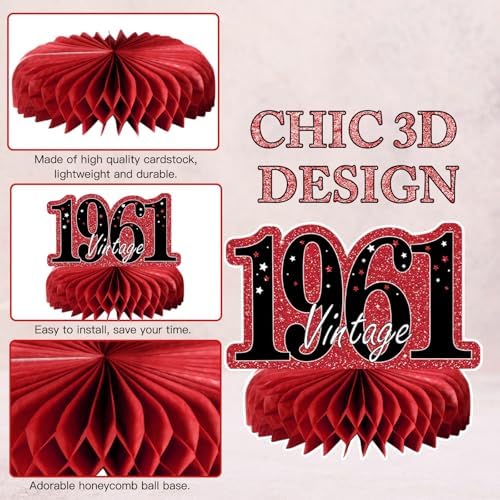 9Pcs 65th Birthday Decorations Red and Black 65th Birthday Party Decorations for Women,Happy 65 Years Vintage 1961 Aged Honeycomb Centerpieces Table Sign Decor Supplies - Image 3