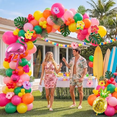 Summer Tropical Balloon Arch Kit Hot pink yellow orange Balloon Luau Flower Card Sticker palm leaves Hawaiian leis For Baby Shower Flamingo Pool Parties Tiki Aloha Birthday Party Decorations - Image 2