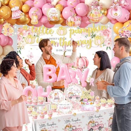 249pcs Little Pumpkin Baby Shower Decorations for Girl,A Sweet Little Pumpkin is On the Way Baby Shower,Pink Pumpkin Floral Balloons Plates Boxes Tablecloth for Fall Thanksgiving Autumn Party Decor - Image 2