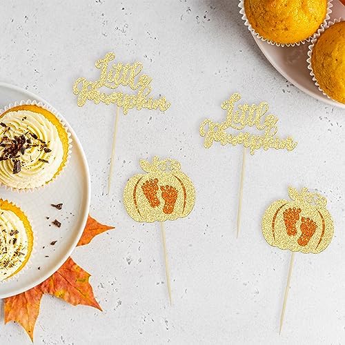 Ephlyn 24Pcs Little Pumpkin Cupcake Toppers Glitter Pumpkin Cupcake Picks Little Pumpkin Baby Shower Decorations Fall Harvest Theme Baby Shower Kids Birthday Party Supplies Gold - Image 3