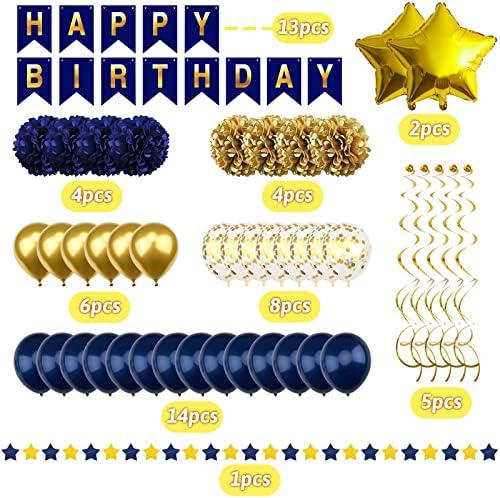 Navy Blue and Gold Happy Birthday Decorations with Banner, Paper Pompoms for Boys, Girls, Men, Women - Party Decorations Supplies - Image 2