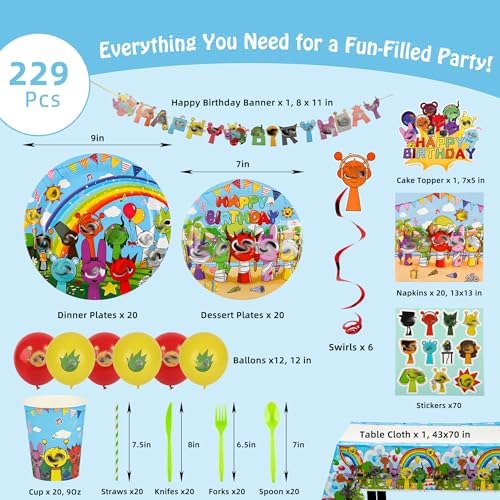 229 PCS Birthday Party Supplies Set, Serves 20 – Plates, Cups, Balloons, Banner, Tablecloth, Cake Topper, Napkins & Stickers – Complete Kids Birthday Decorations Kit - Image 2