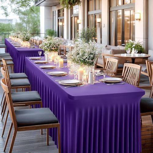 Wish Care 6 Pack Dark Purple Spandex Table Clothes for 6 Foot Rectangle Tables, 6FT Wrinkle Free Fitted Tablecloths Ruffles Design Table Cover for Party, Banquet, Wedding and Events - Image 5