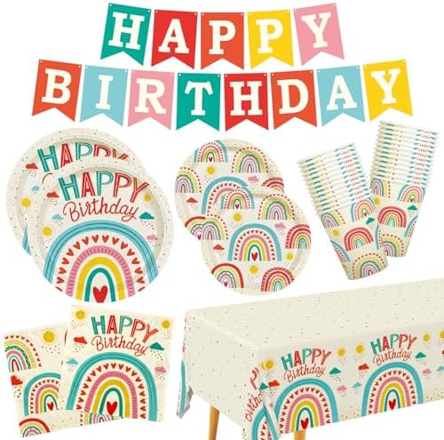 Retro Rainbow Themed Happy Birthday Party Supplies Set - Vibrant Disposable Paper Plates, Cups, Napkins, Tablecloth & Birthday Banner - Fun & Colorful Design for Boys/Girls - For 25 Guests by Gatherfun