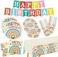 Retro Rainbow Themed Happy Birthday Party Supplies Set - Vibrant Disposable Paper Plates, Cups, Napkins, Tablecloth & Birthday Banner - Fun & Colorful Design for Boys/Girls - For 25 Guests by Gatherfun